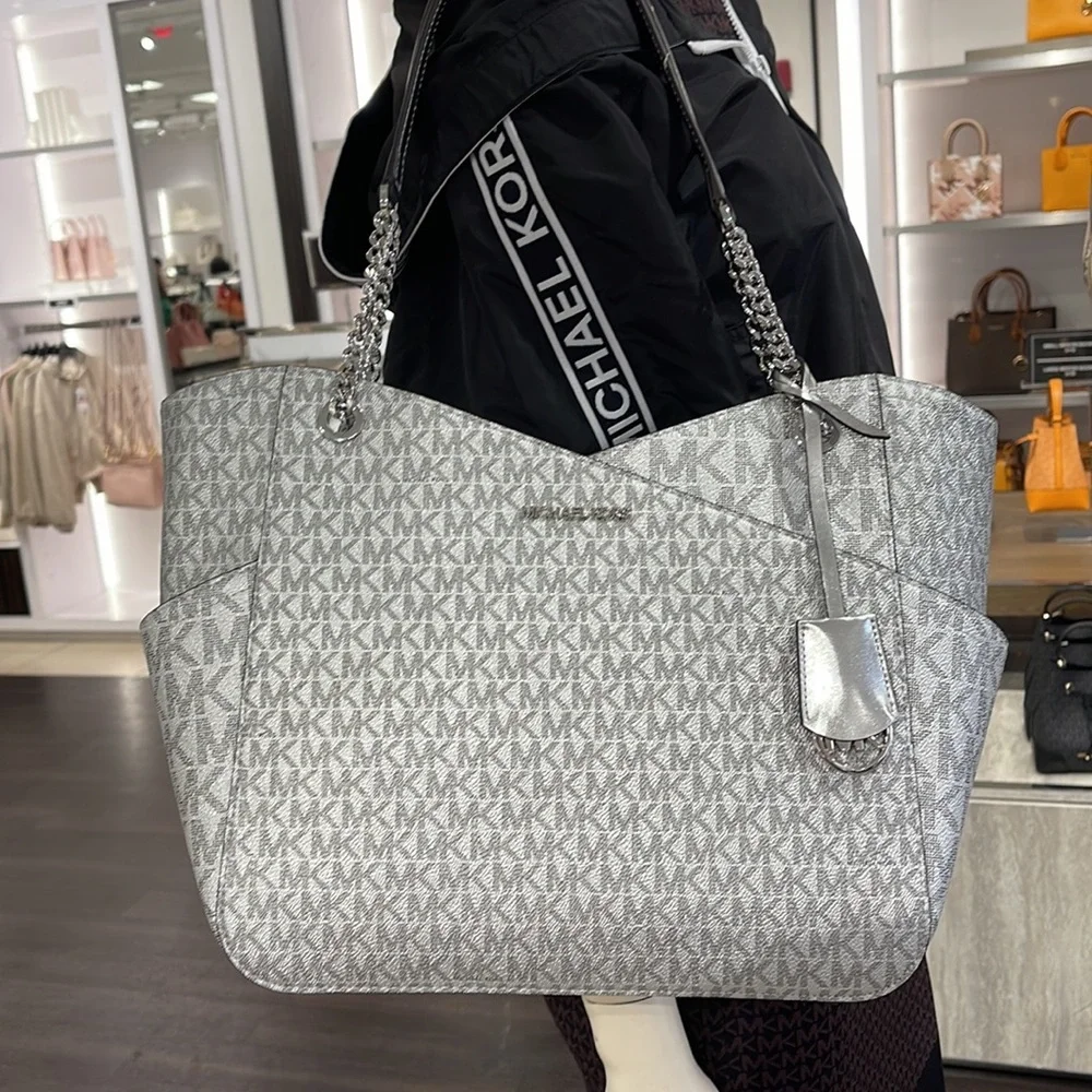 Michael Kors Jet Set Travel Large Chained Tote Shoulder Bag MK  Silver  NWT
